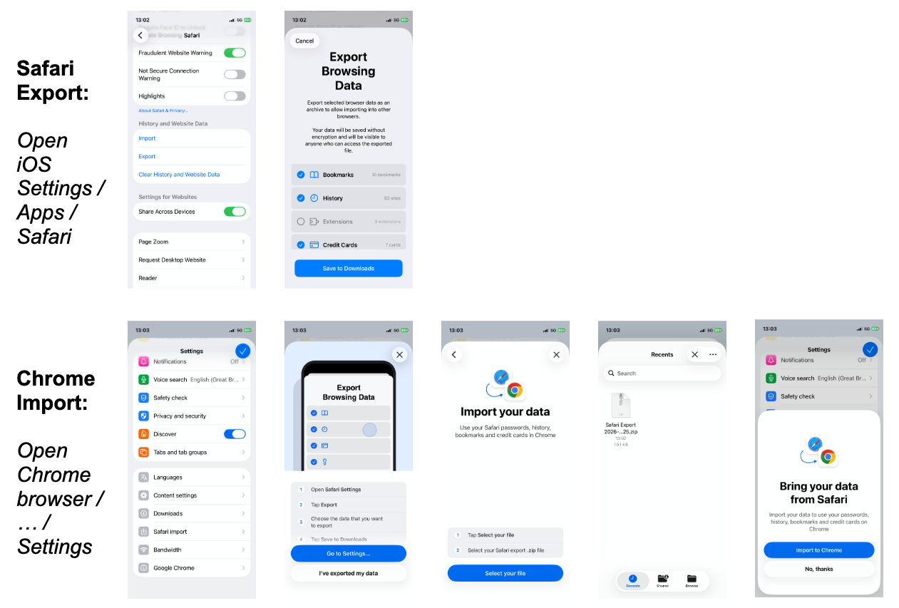 Screenshots of exporting data from Safari