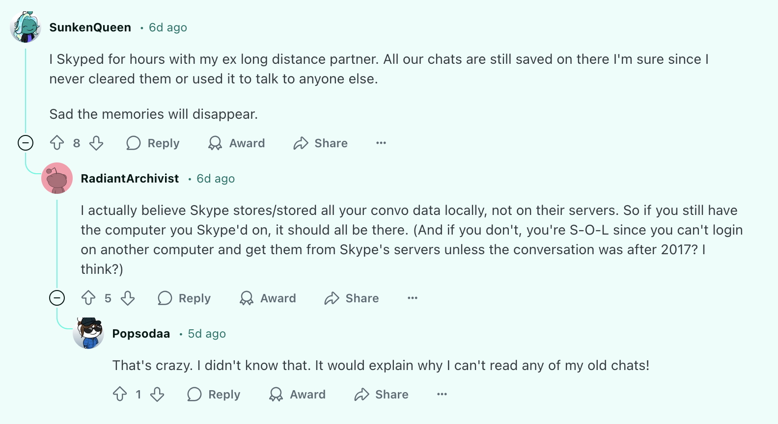 A dialogue within Reddit of users discussing how to access local Skype data.