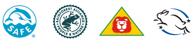 Four graphic trust marks containing imagery of animals, in order: a dolphin, a frog, a lion, and a bunny.